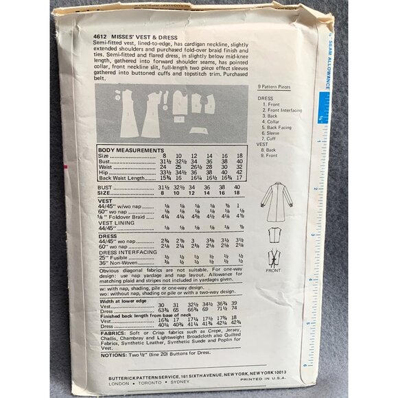 Butterick 4612 Fast & Easy Sewing Pattern Misses' Vest & Dress Size 12 - uncut - Picture 2 of 2